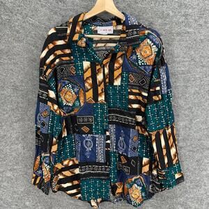 Cabrais Shirt Women 20W Plus Black Geometric Button Up Collared Long Sleeve